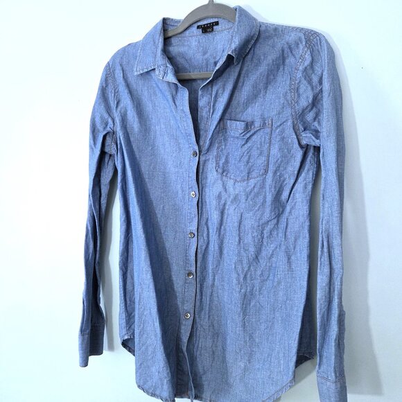 NWOT Theory Nikala D/Orient Lightweight Cotton & Linen Blue Denim Shirt Size L - Picture 1 of 5